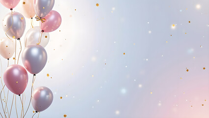 Elegant Celebration: Pastel Balloons and Golden Confetti Against a Soft Background