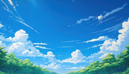 Obraz premium vivid summer sky with dynamic cumulus clouds above lush green forest canopy and distant hills, ideal for nature-themed web design, print, or branding element