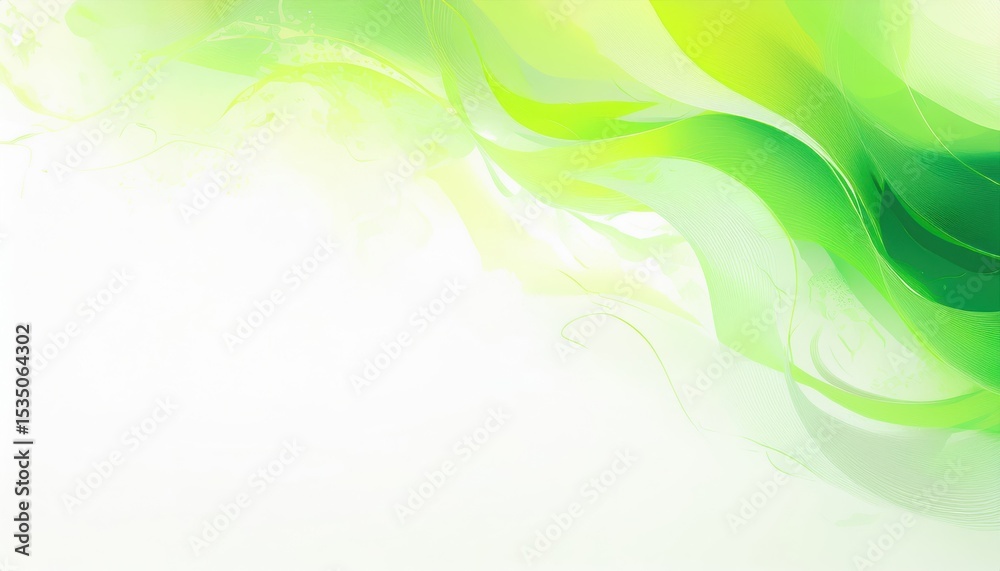 Poster soft green wave abstract with translucent leaf accents and fluid gradients on white background for eco branding, organic product label, or nature themed web design

