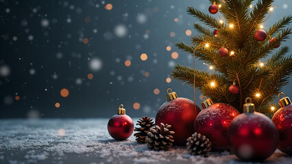 Magical christmas scene with a decorated tree and red ornaments on snow