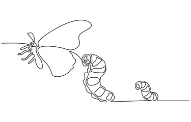 Continuous one line drawing of butterfly life cycle. One line drawing illustration of butterfly metamorphosis. Butterfly transformation concept continuous line art. Editable outline.