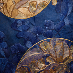 Luxury Korean Traditional Paper Texture with Gold Floral Patterns on Deep Blue Background