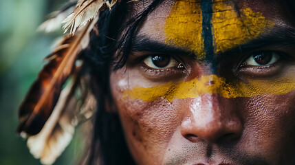Indigenous Person with Traditional Face Paint and Feather Headdress