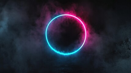 Neon circle glowing in smoky darkness.