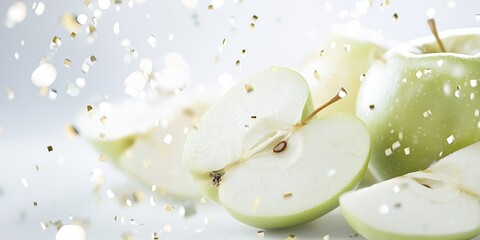 Green Apple Delight: Fresh green apples, sliced to reveal their crisp interior, shimmer with a sprinkle of glittering gold, capturing the essence of freshness and indulgence.