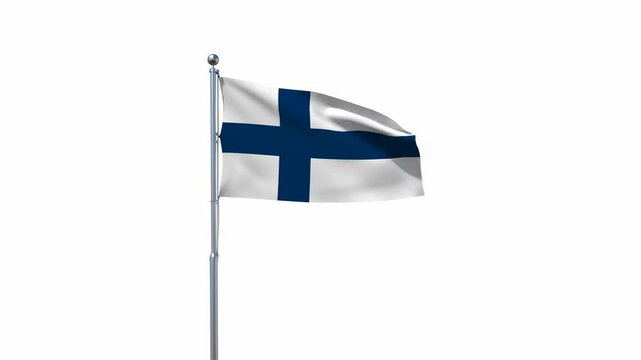 Finlands flag waves on a silver pole against a white backdrop showcasing its blue Nordic cross design