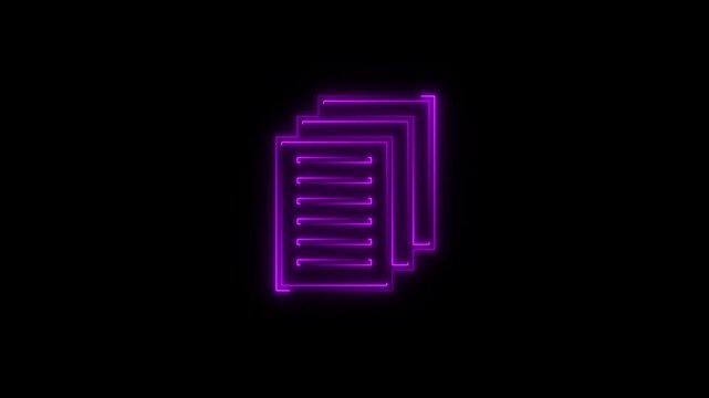 Neon file documents uploading icon animation .Glowing perple neon document sign.