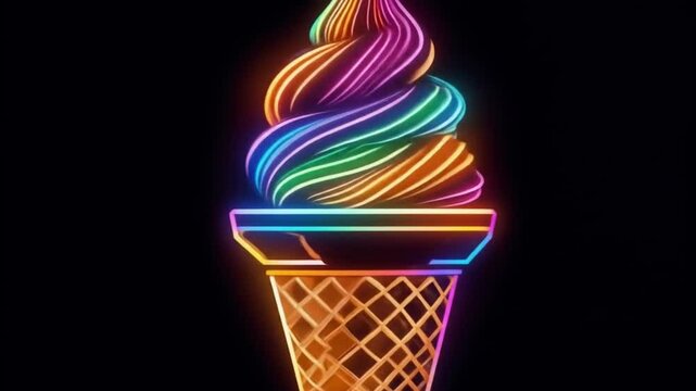 Neon Ice Cream Cones Collection on Black Background, Abstract Dessert Design