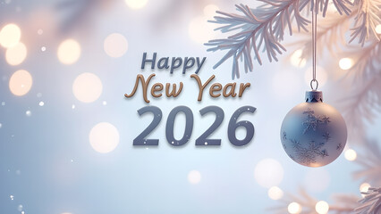 Elegant Happy New Year 2026 Greeting Card with Christmas Ornament and Bokeh Lights