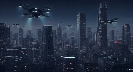 Futuristic Cityscape at Night with Drones A Cyberpunk Digital Art
