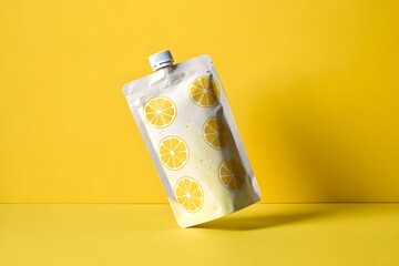 Lemon Juice Pouch on Vibrant Yellow Background Citrus Fruit Drink Packaging Mockup with Playful Summer Theme and Refreshing Design