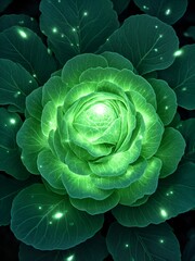 Fototapeta premium Magical anime glowing cabbage pattern, ethereal aura around leaves, shimmering magical dust, mystical symbols (optional), dreamy and luminous.