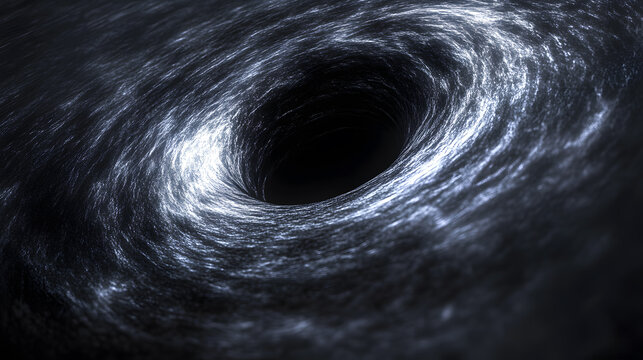 Astronomical depiction of a black hole with swirling light and dark matter.