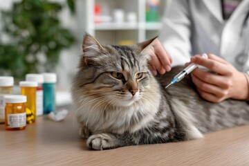 Cat is calmly receiving a vaccination from a veterinarian in a well-lit clinic, surrounded by colorful medicine bottles and a green plant, showcasing the caring atmosphere of veterinary care