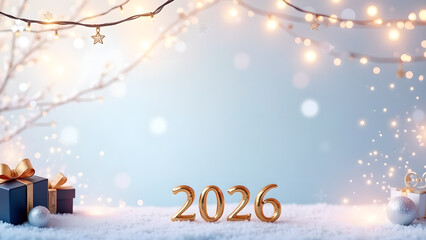 Golden 2026 new year celebration on snow with christmas lights background
