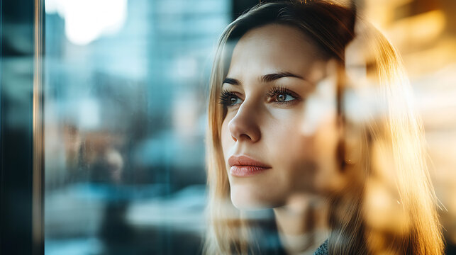 A contemplative woman gazes out a window, her reflection blending with the urban backdrop. - Powered by Adobe