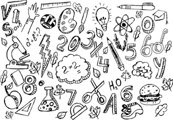 Hand-drawn educational elements and numbers in black and white  