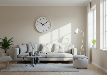 Modern Living Room Interior Design with Beige Walls and Light Grey Sofa