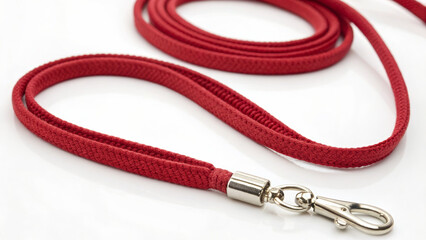 Import tariff policy concept. Red dog leash with metal clip on a white background.