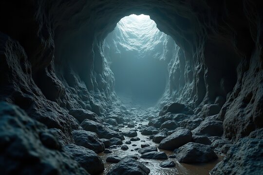 Natural light pierces through a dark cave with an underground river, revealing intricate rock formations and a hidden waterfall - Powered by Adobe