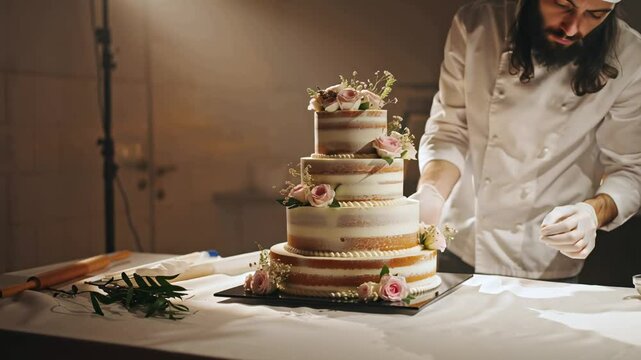 the hands of a pastry chef decorate a beautiful wedding cake with flowers