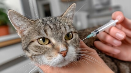 Tabby cat is calmly receiving a vaccination in a veterinary clinic, with a veterinarian's gentle hands holding the cat securely, showcasing the importance of pet health and care