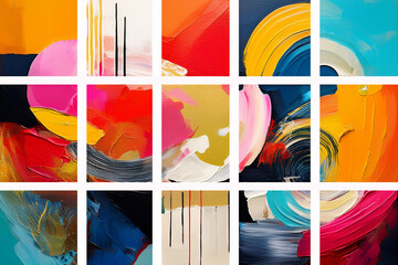 Abstract art design collage displays abstract art painting of rough colorful multicolored art painting texture, with oil brushstroke, pallet knife paint on canvas.