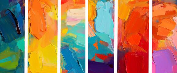 Abstract art design collage displays abstract art painting of rough colorful multicolored art painting texture, with oil brushstroke, pallet knife paint on canvas.