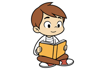 Boy Sitting Reading Book Cartoon Line Drawing