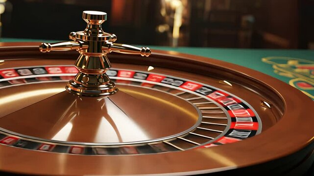 Close up of a roulette wheel with a spinning ball at leisure casino table. Gambling game for entertainment and luxury lifestyle. Footage.
