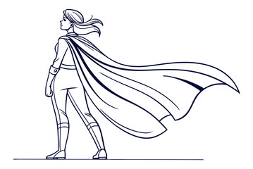 Female Superhero with Cloak in Wind Line Art
