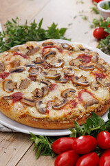 Close up of Mushroom pizza with sliced champignon and cheese
