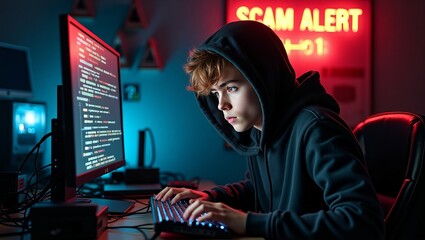 Obraz premium Focused young boy in a hoodie, engaged in coding amidst a blue-lit room with a neon 'Scam Alert' sign.