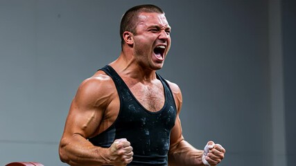 A man screaming with clenched fists, expressing motivation and intense effort. Athletic performance for gym and sports concept. Footage.
