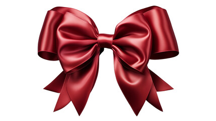 Red satin ribbon bow, festive gift decoration, elegant design for cards, luxury packaging, holiday invitations, isolated on transparent background.