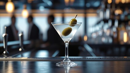 Classic Martini Cocktail with Green Olives at Bar, Night Out
