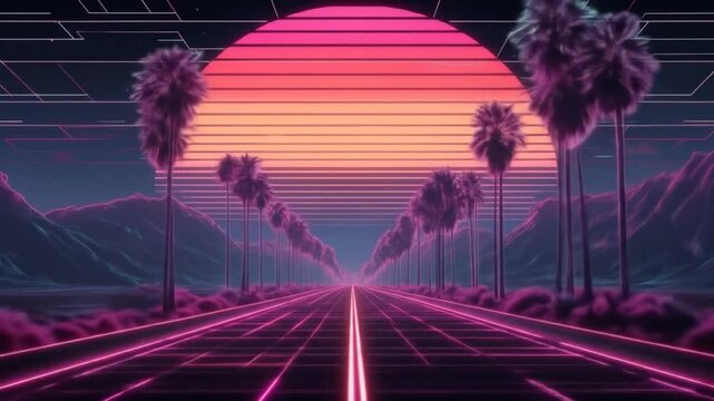 Retro wave driving into the sunset with palm trees in a 80s inspired futuristic scene
