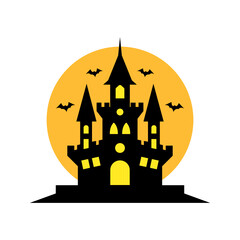 Spooky halloween castle at night with bats and full moon