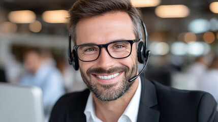 Smiling customer service representative wearing headset and glasses working on computer in modern office environment