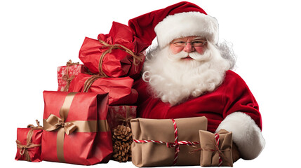 Cheerful Santa with Christmas gifts, festive holiday season, red-brown presents, joyful winter celebration, isolated on transparent background.
