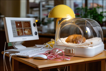 Veterinary clinic scene featuring a cozy enclosure for a small animal, accompanied by a computer monitor displaying health data, creating a warm and caring atmosphere for pet care