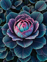 Fototapeta premium Futuristic anime cabbage pattern, sleek geometric leaves, neon accents, holographic textures, sharp lines, cybernetic garden aesthetic.