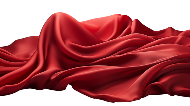 Red silk fabric draped softly, luxurious texture, abstract background, smooth waves, scarlet-crimson design, isolated on transparent background.