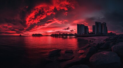 Dramatic sunset over a city by the water.