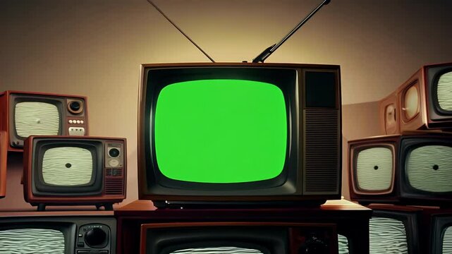 A classic CRT television powers up to vivid green screen snow surrounded stacked retro sets K shot invites easy compositing evokes vintage video tech vibes music videos motion graphic mashups