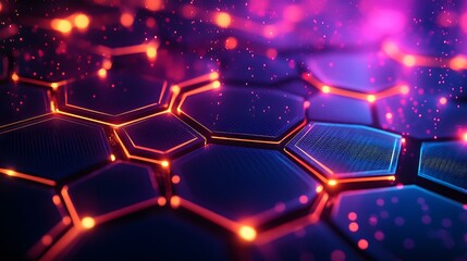 A realistic photographic rendering of an illuminated hexagonal grid pattern with glowing pink and purple lines, scattered with bright light particles Futuristic Hexagonal Grid Digital Glow Pattern