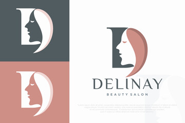 Letter D woman face logo design . Hair, spa and aesthetics business concept. vector illustration