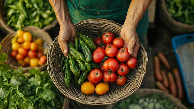 Hands holding a basket of fresh tomatoes and green peppers at a market stall