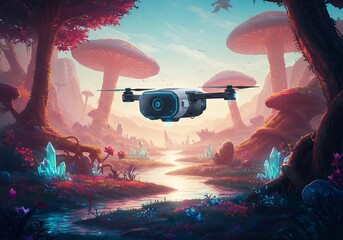 Futuristic Drone Flying Over a Fantasy Landscape with Giant Mushrooms and Crystals