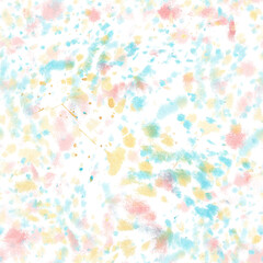 Abstract splatters splash seamless pattern. Blue pink yellow watercolor spray. Hand drawn illustration isolated from background. By brush stain for wrapping paper, scrapbook, packaging, textile